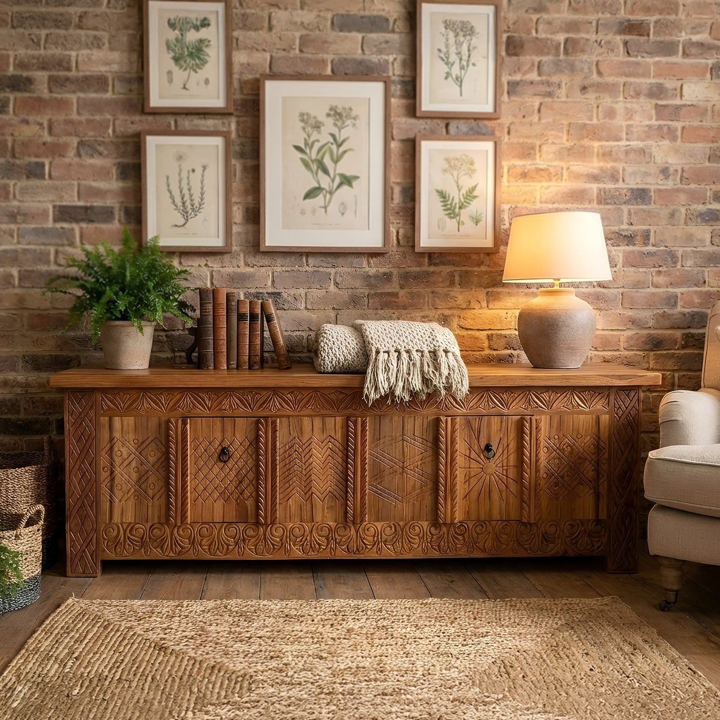 Wooden Carved Media Console "Morocco" - Natural