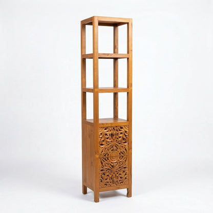 Teak Wood Hand-Carved Tall Display Shelf Cabinet with Drawers 'Mahesa' – 180 cm – Natural