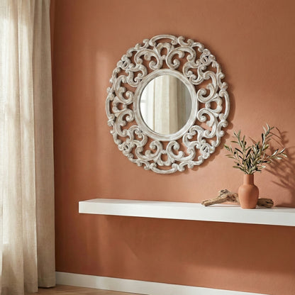 Hand Carved Mirror "Nurani" Antic-wash - 80 cm