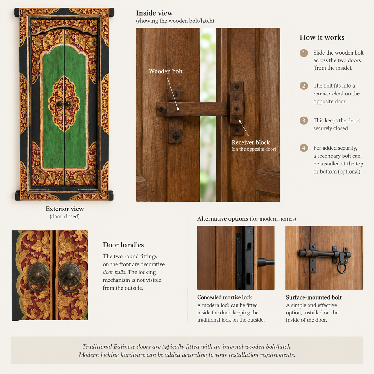 Teak Wooden Hand Carved Door 'Penglipuran' in Multicolor - 215 x 90 cm