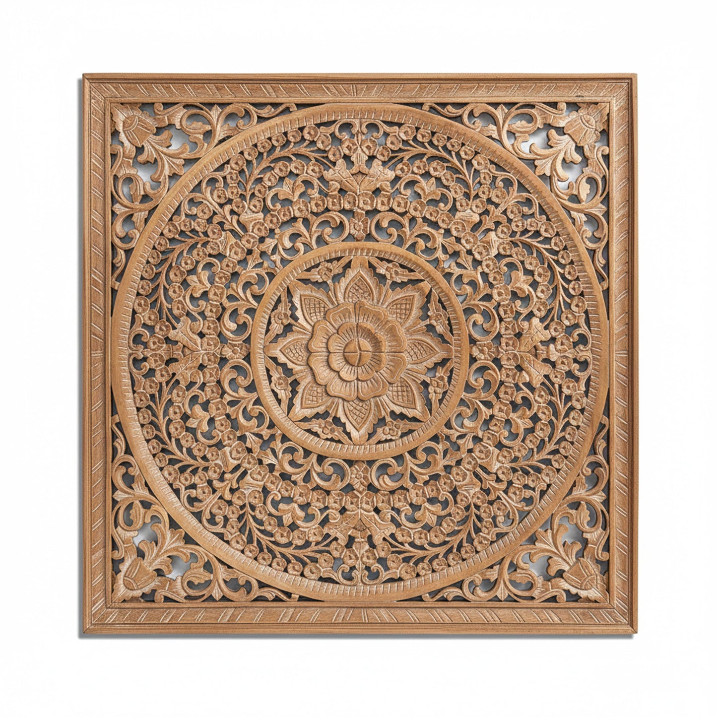 Carved Decorative Panel "Peony" - Natural Brown - 120 cm
