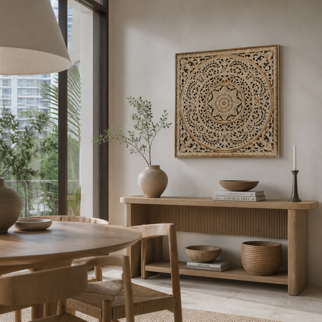 Carved Decorative Panel "Peony" - Antic Wash - 110 x 110 cm