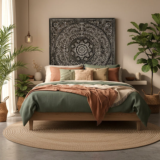 Carved Full Bed Headboard "Peony" - Monochrome