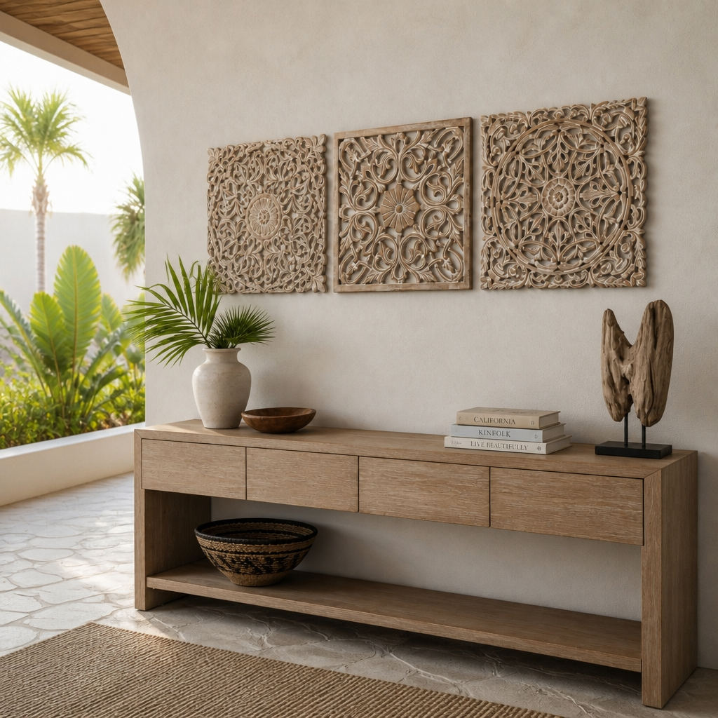 A light oak wood console table in a bright, modern room setting, styled with a potted plant, decorative bowls, books, and a wooden sculpture. Above the console, three matching carved wooden wall panels are mounted on a textured beige wall.