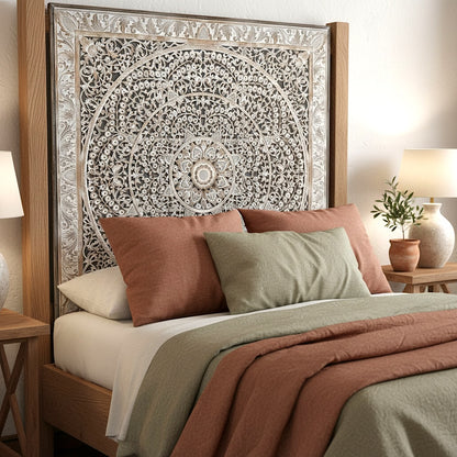 Carved Bed Headboard 'Malawi' - Antic Wash