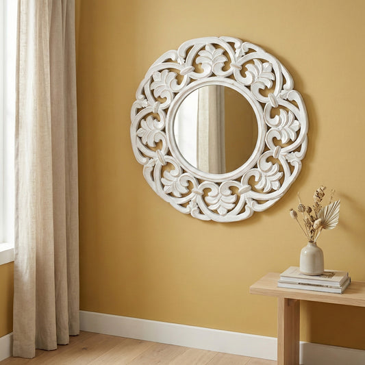 Hand Carved Mirror "Rasa" - White - 60 cm