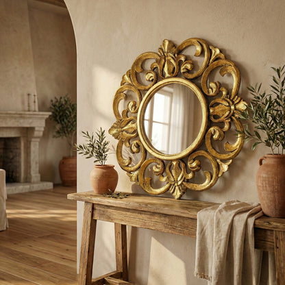 Hand Carved Mirror "Roopa" in Gold Antic Wash - 80 cm