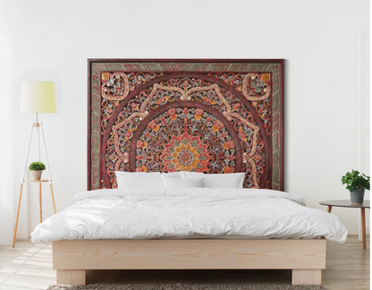 Balinese King Size Carved mandala full bed headboard Manusa in Red -  72 inches - USA