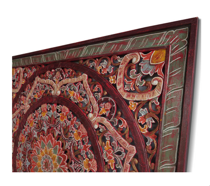 Balinese King Size Carved mandala full bed headboard Manusa in Red -  72 inches - USA
