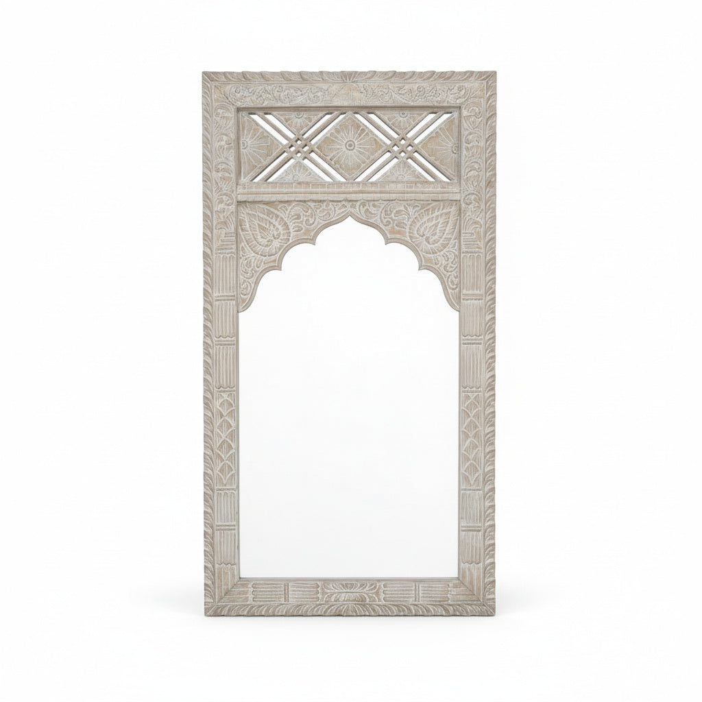 Hand Carved Wooden Mirror 'Sekarupa' - White Wash - 180 x 90 cm