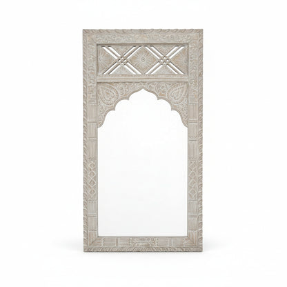 Hand Carved Wooden Mirror 'Sekarupa' - White Wash - 180 x 90 cm