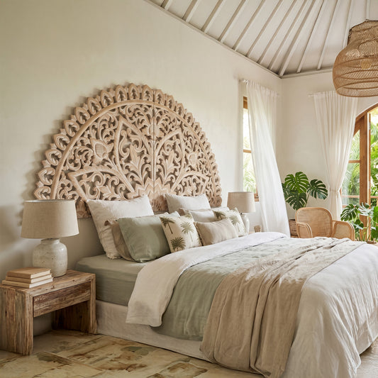 Hand Carved Half-moon Mandala Bed headboard 'Serupa' in Antic Wash