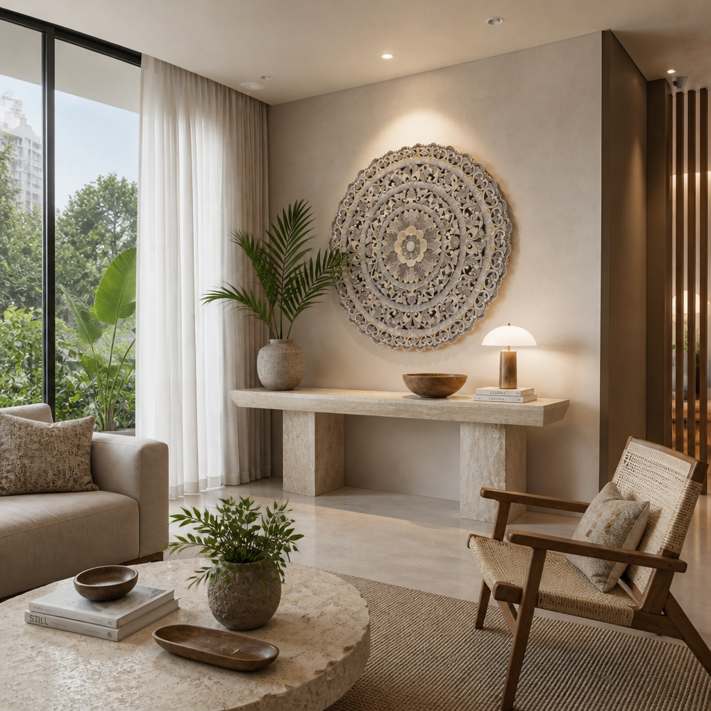 A styled interior room scene with a round carved wall art piece above a stone console table, a large potted palm, a beige sofa, a woven armchair, and a round stone coffee table in a bright modern room.