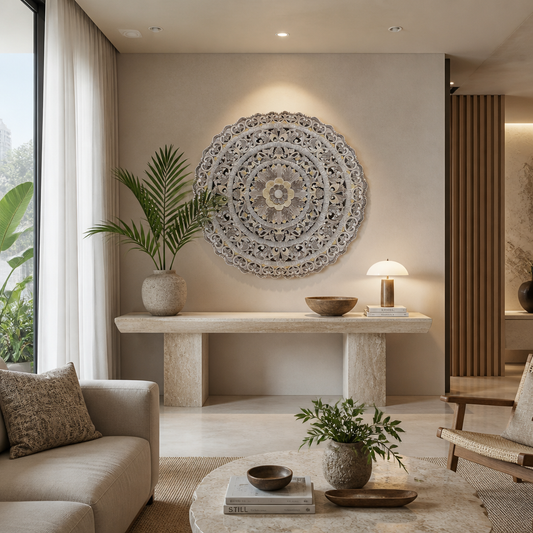A large circular carved wall art piece with intricate mandala-style detailing in beige and gray tones, displayed on a beige wall above a stone console table in a modern, neutral-toned living room.