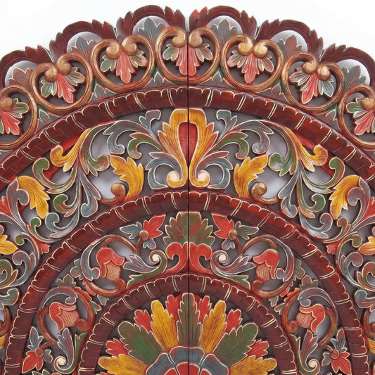 Hand Carved Half-moon Mandala Bed headboard - 'Sri' in Multi Color Red