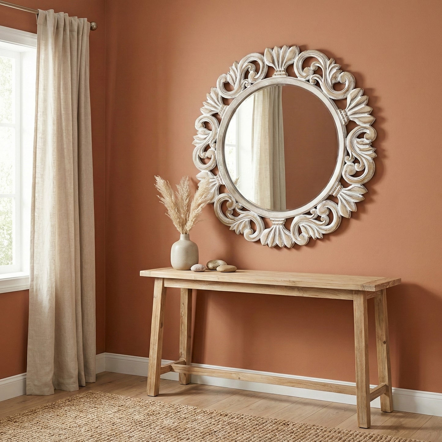 Hand Carved Mirror "Swastiastu" in Antic Wash - 60 cm