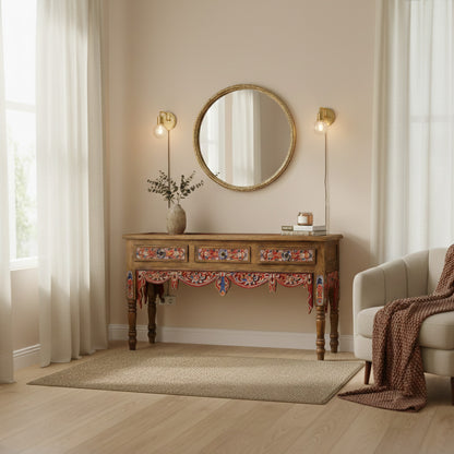 Wooden Carved Console Table "Srikandi" - Red & Blue Wash - 150 cm