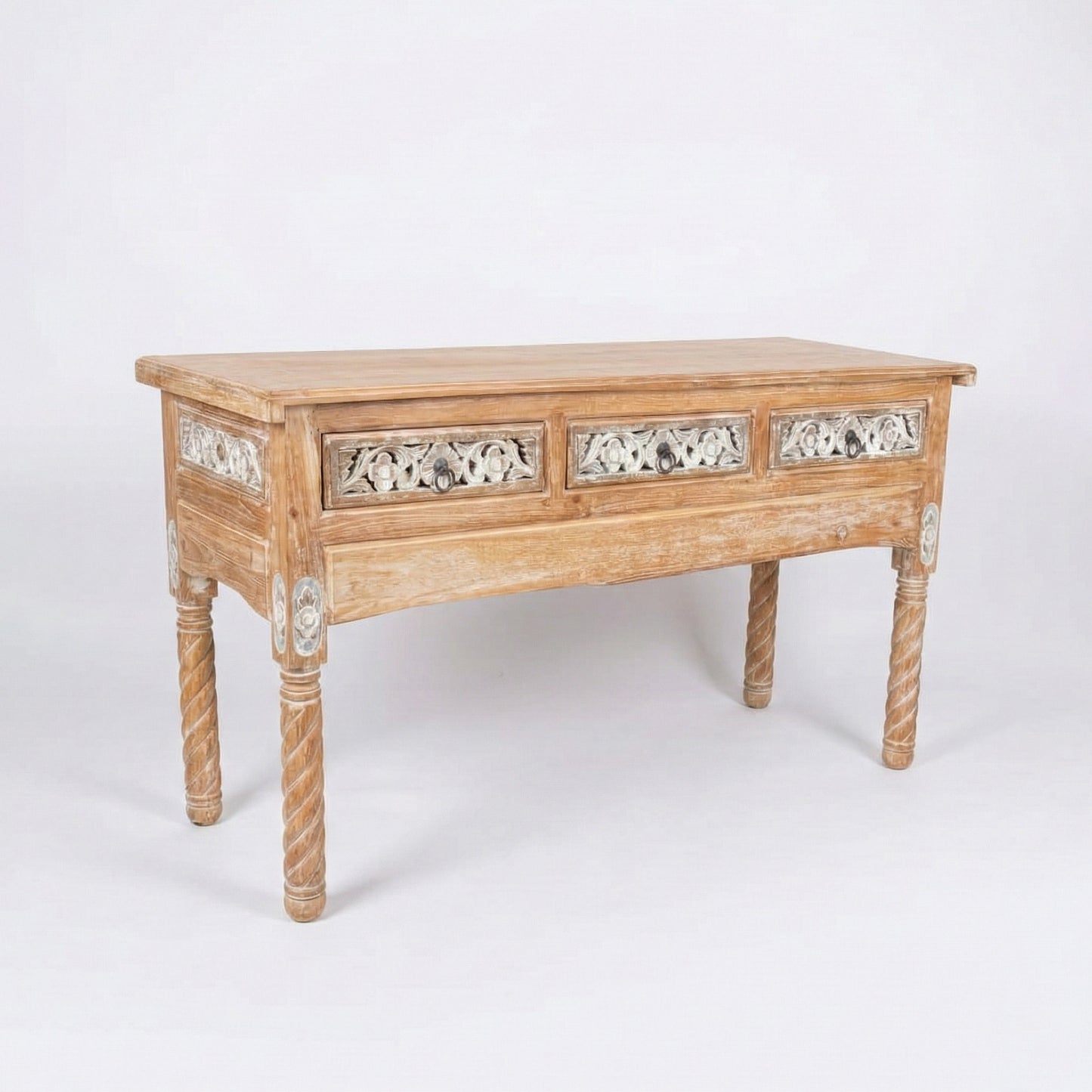 Wooden Carved Console Table "Candra" - Grey & White Wash - 150 cm