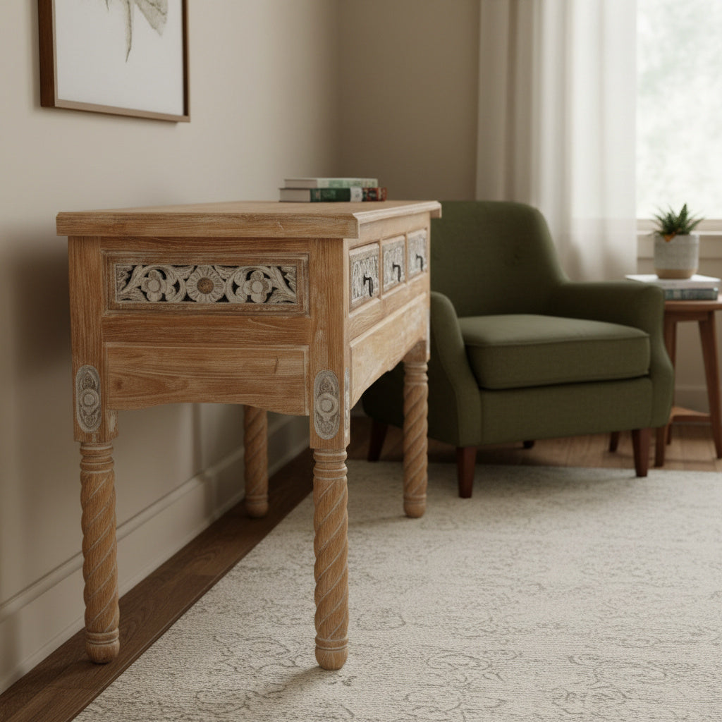 Wooden Carved Console Table "Candra" - Grey & White Wash - 150 cm