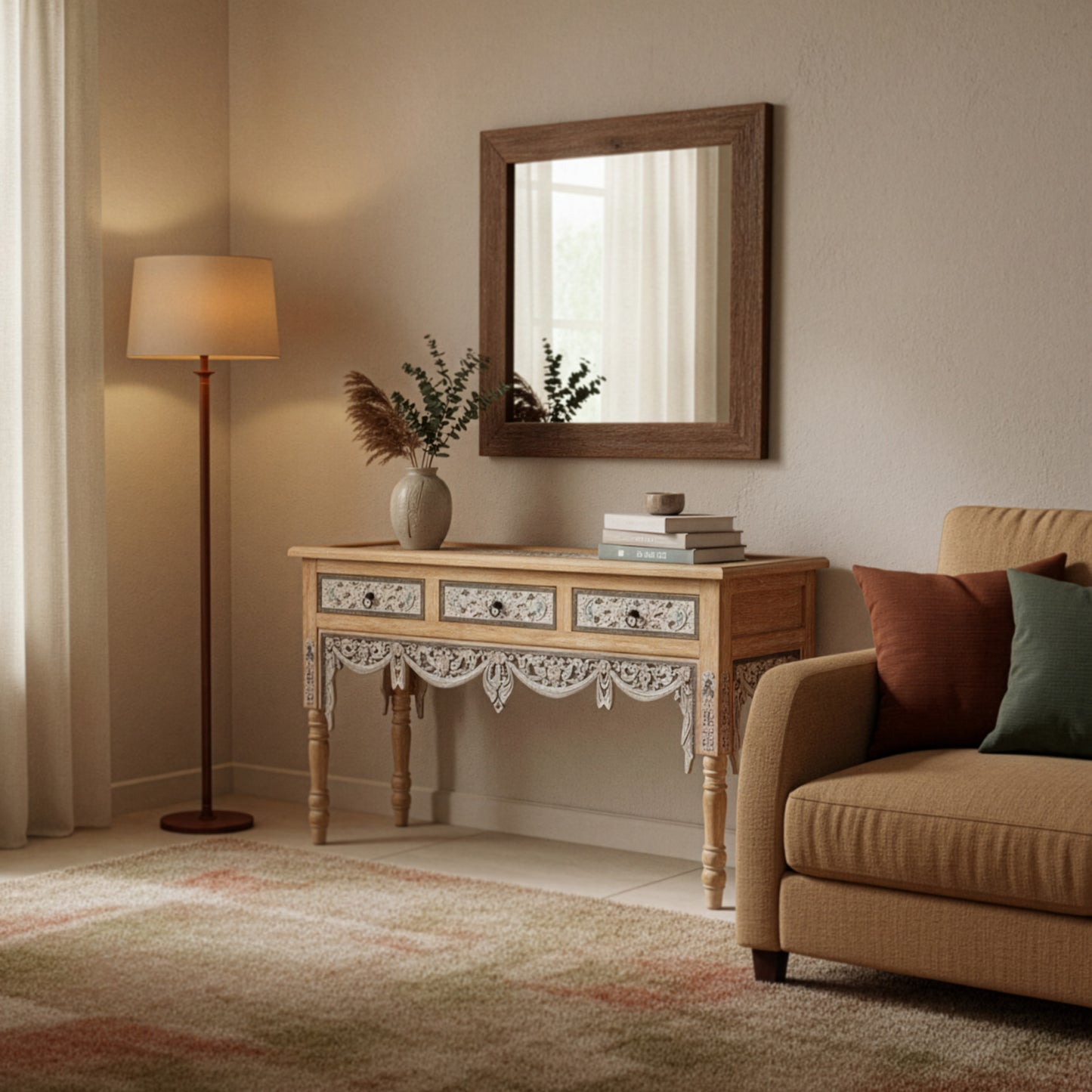 Wooden Carved Console Table "Srikandi" - Blue & White Wash - 150 cm