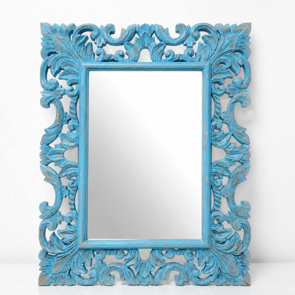 Hand Carved Mirror "Biru" - Blue Wash - 90 x 70 cm