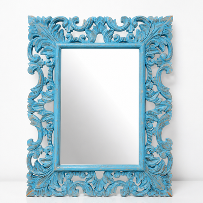 Hand Carved Mirror "Biru" - Blue Wash - 90 x 70 cm