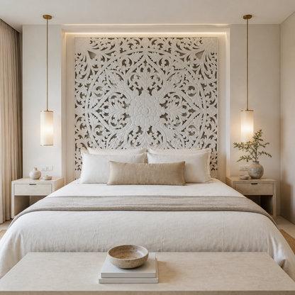 Carved Bed Headboard "Teratai" - White