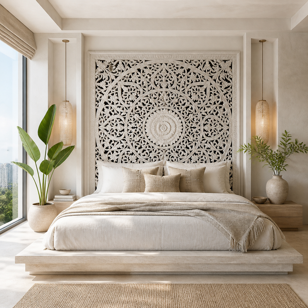 Hand Carved Queen Size Mandala Bed Headboard - 'Umadewi' in White Wash