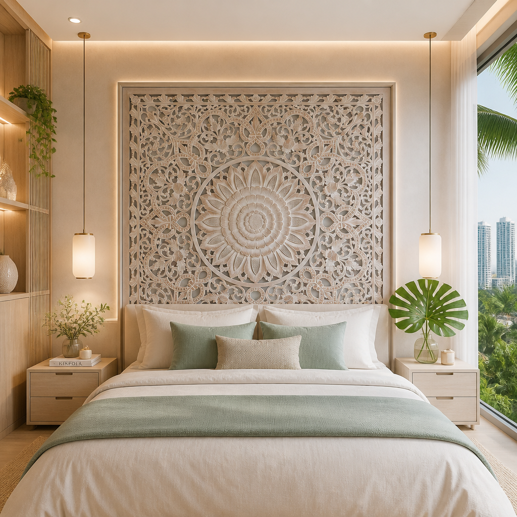 Carved Full Bed Headboard "Raflessia" - Antic-wash