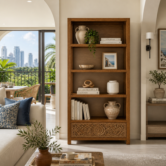 Teak Wood Hand-Carved Bookshelf 'Ila' – 165 x 91 x 30 - Natural & Antic Wash