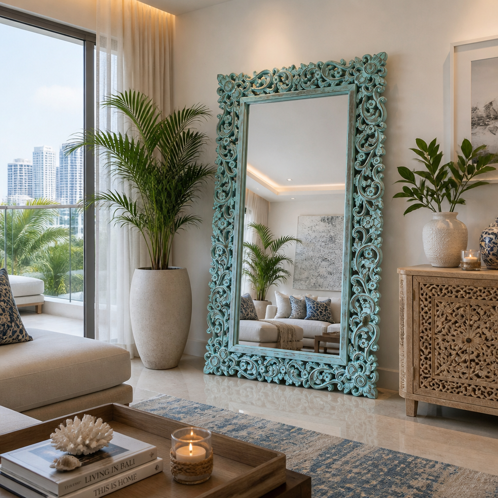 Hand Carved Mirror "Agung" - Turquoise Wash - 150 x 80 cm