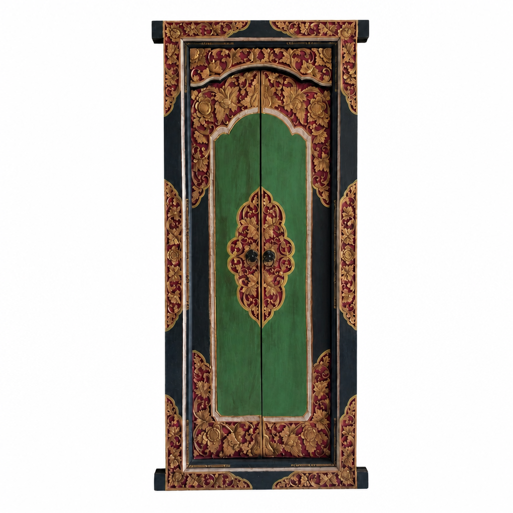 Teak Wooden Hand Carved Door 'Penglipuran' in Multicolor - 215 x 90 cm