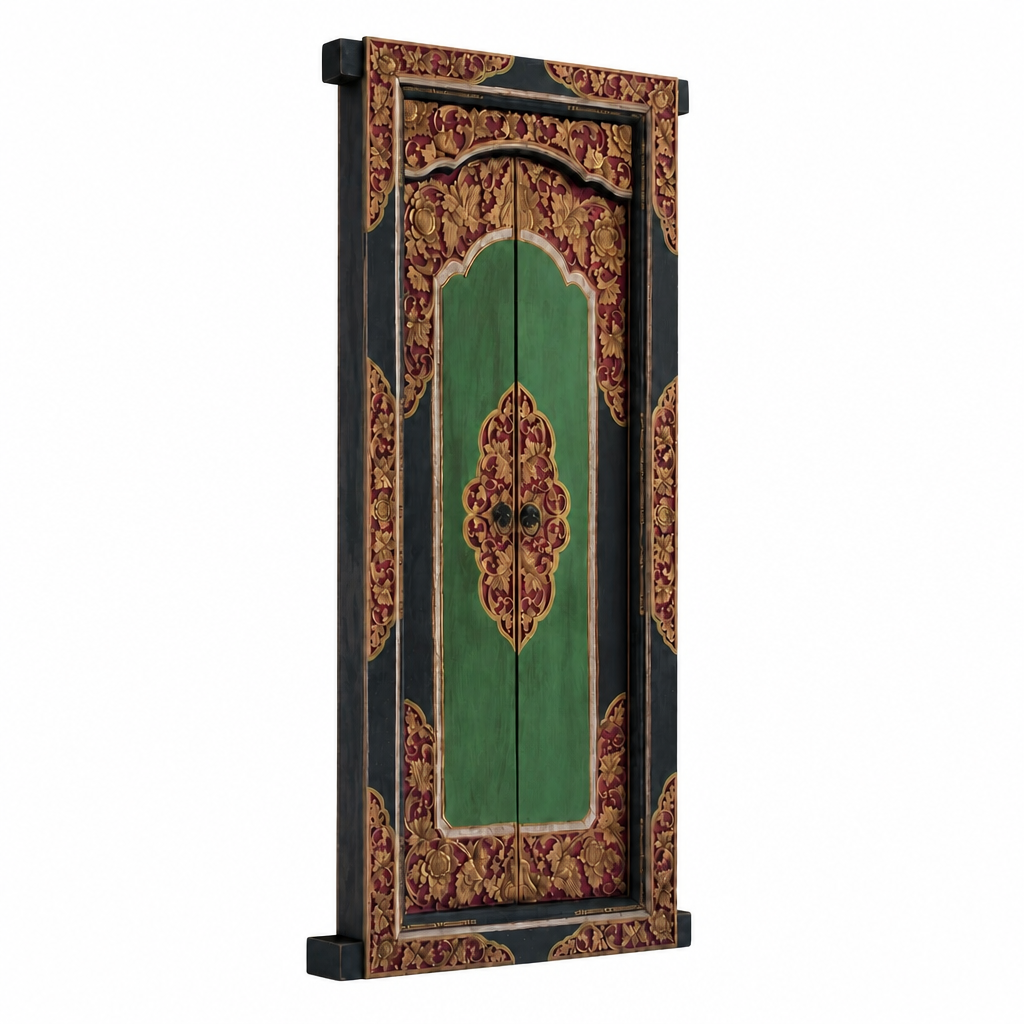 Teak Wooden Hand Carved Door 'Penglipuran' in Multicolor - 215 x 90 cm