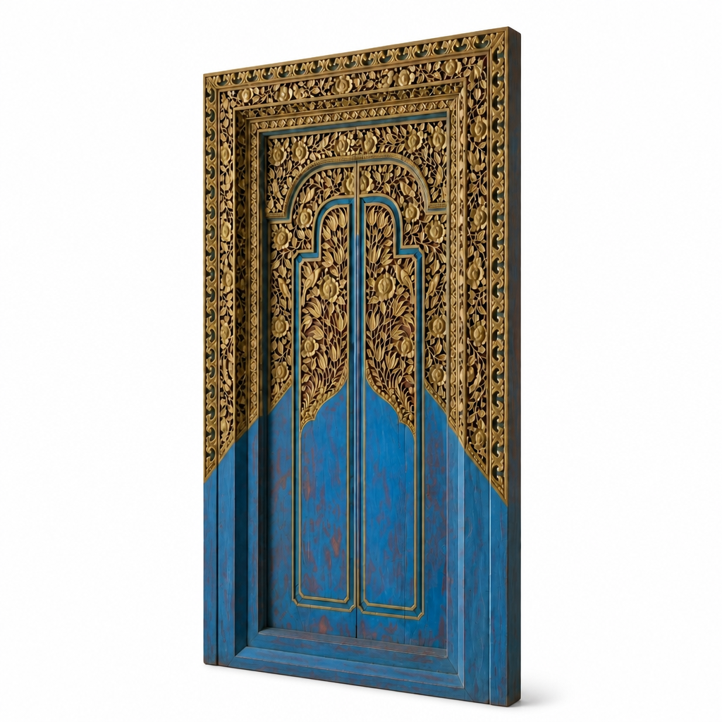 Teak Wooden Hand Carved Door 'Mengwi' in Blue & Gold - 220 x 110 cm