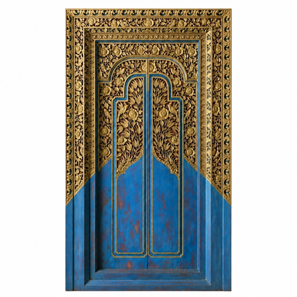 Teak Wooden Hand Carved Door 'Mengwi' in Blue & Gold - 220 x 110 cm