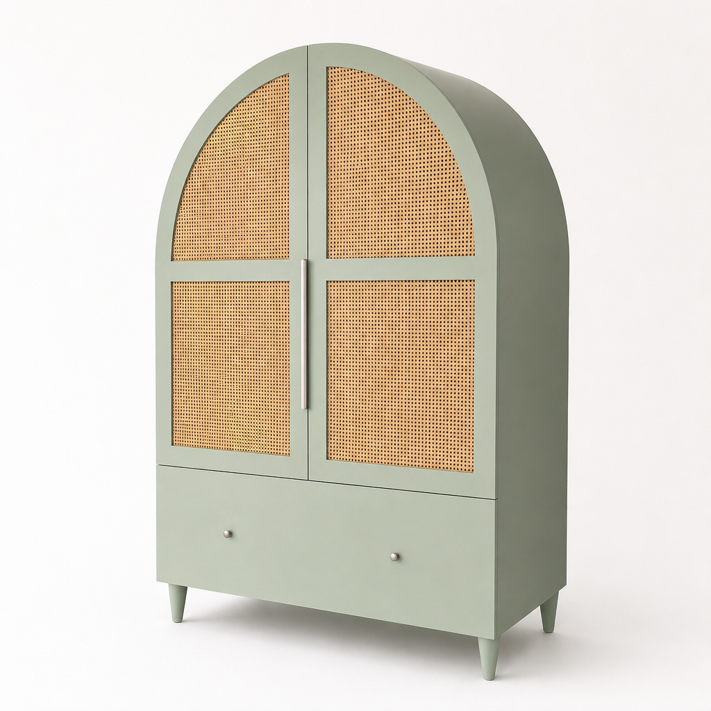 Wooden & Rattan Carved Wardrobe "Cemagi" - Sage & Natural - 200 x 100 cm
