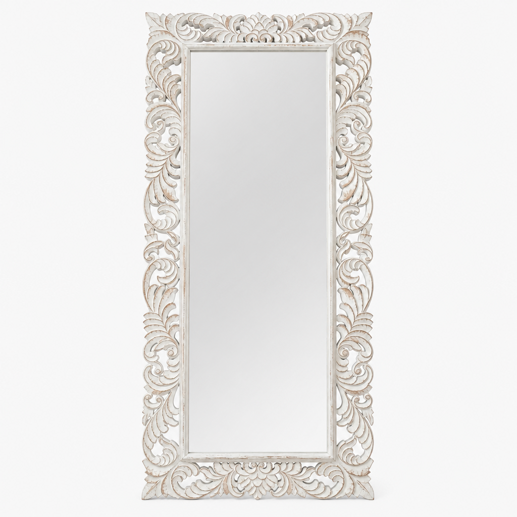 Hand Carved Mirror "Pelangi" in White Wash - 180 x 80 cm