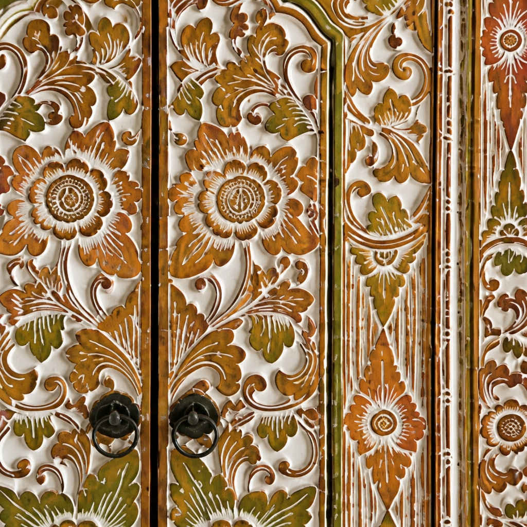 Teak Wooden Hand Carved Balinese Door 'Seseh' in Antique Gold Antique Wash - 210 x 100 cm