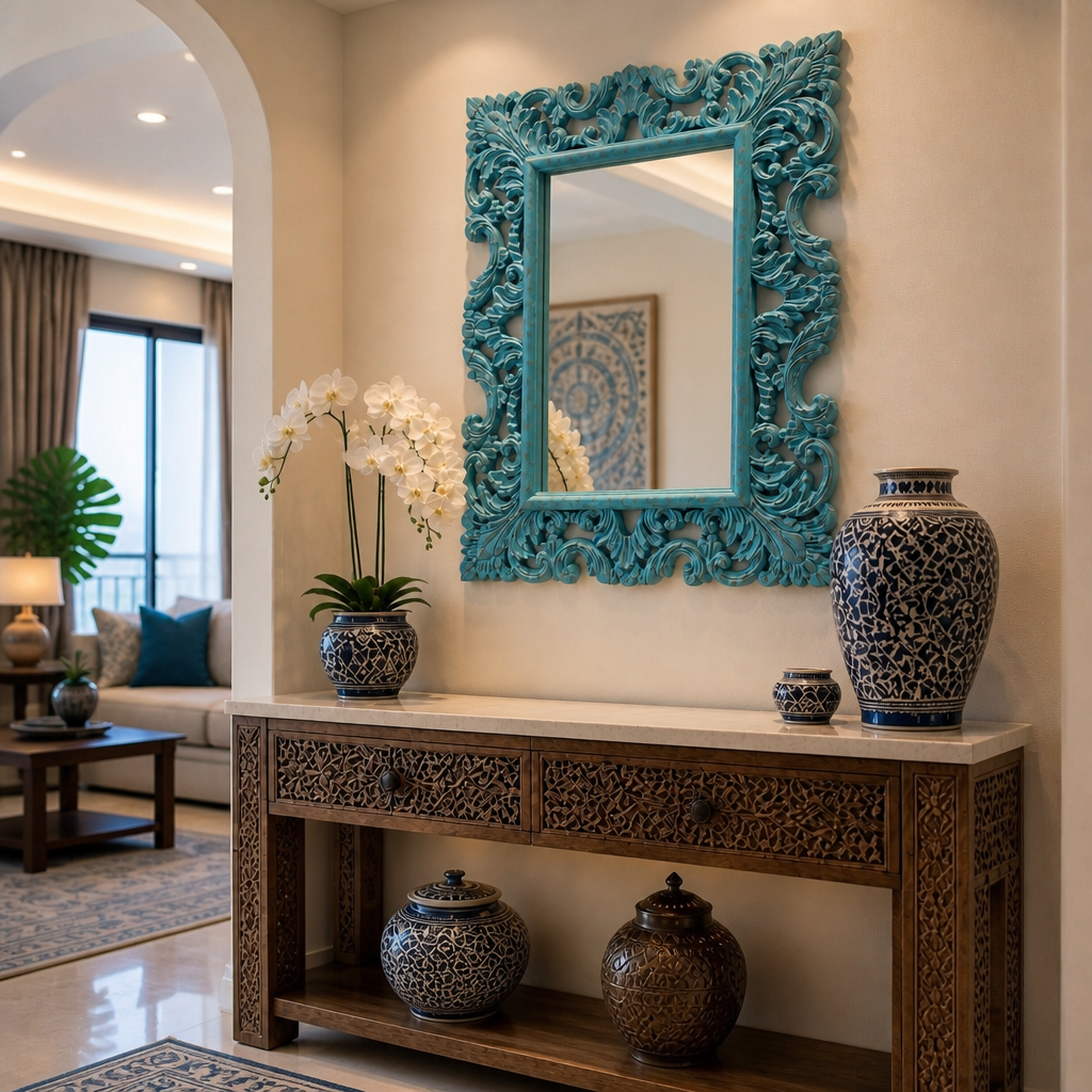 Hand Carved Mirror "Biru" - Blue Wash - 90 x 70 cm