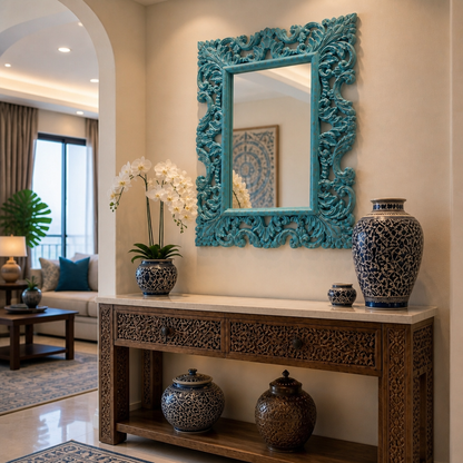Hand Carved Mirror "Biru" - Blue Wash - 90 x 70 cm