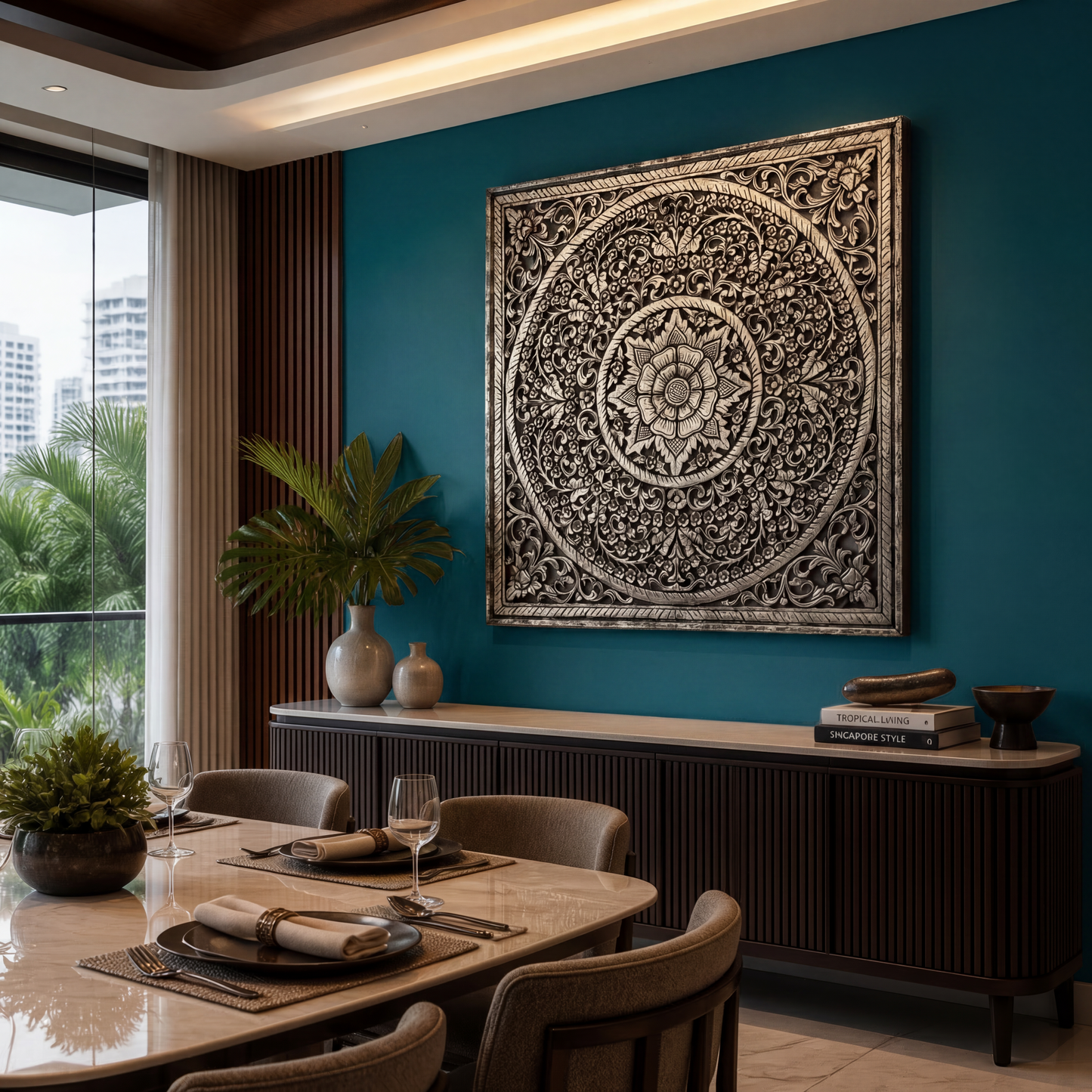 Decorative Panel "Peony" - Silver Antique - 110 cm