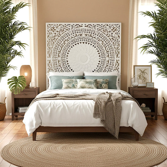 Carved Full Bed Headboard "Seruni" in White