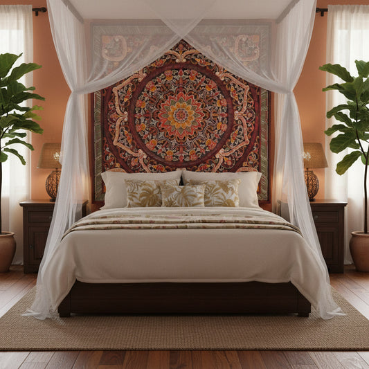 Balinese Queen Size Carved mandala full bed headboard Manusa in Red - USA