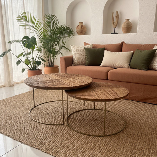Carved Wooden Nesting Table "Huni" - 80 and 60 cm