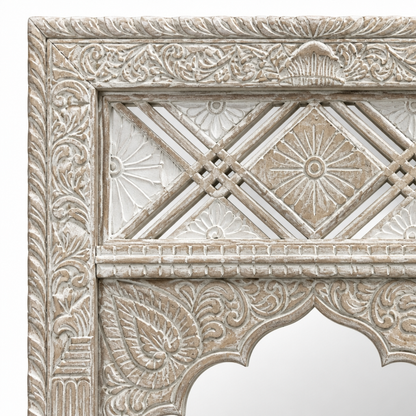 Hand Carved Wooden Mirror 'Sekarupa' - White Wash - 180 x 90 cm