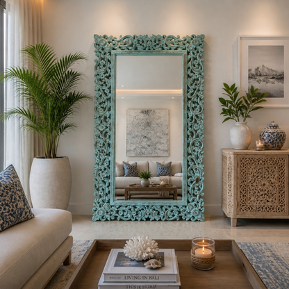 Hand Carved Mirror "Agung" - Turquoise Wash - 150 x 80 cm