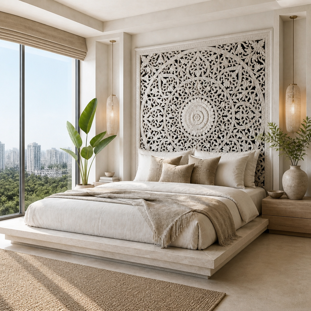 Hand Carved Queen Size Mandala Bed Headboard - 'Umadewi' in White Wash