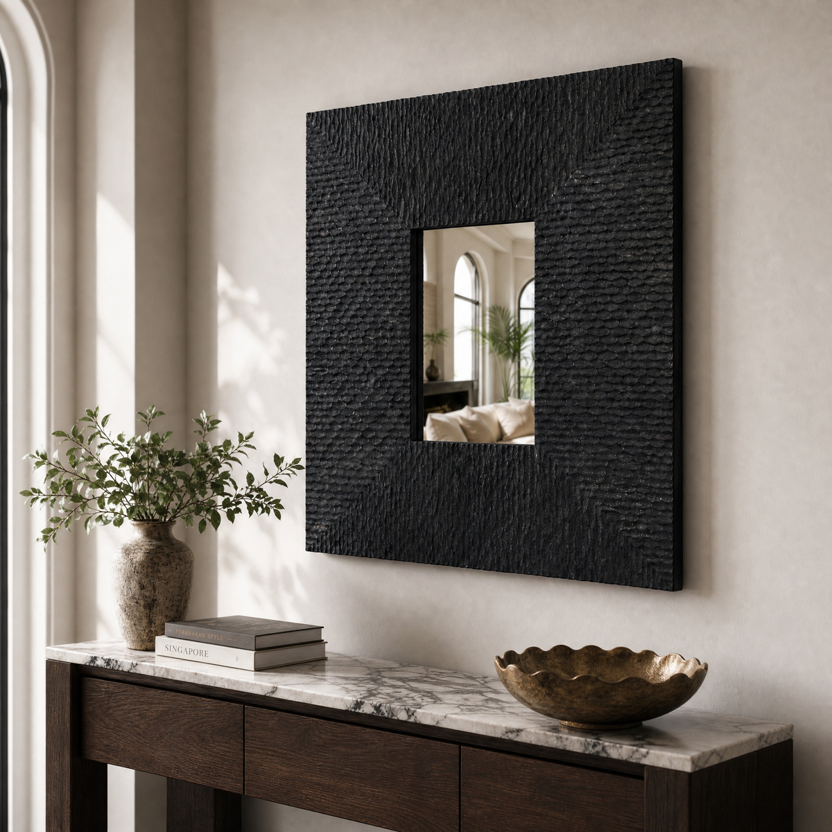 Wooden Sculptured Mirror "Rengkuh" - Black - 70 cm
