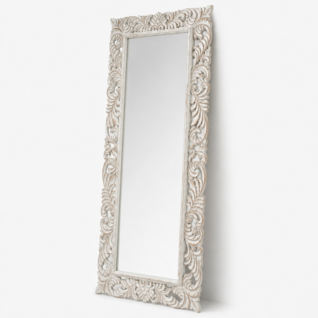 Hand Carved Mirror "Pelangi" in White Wash - 180 x 80 cm
