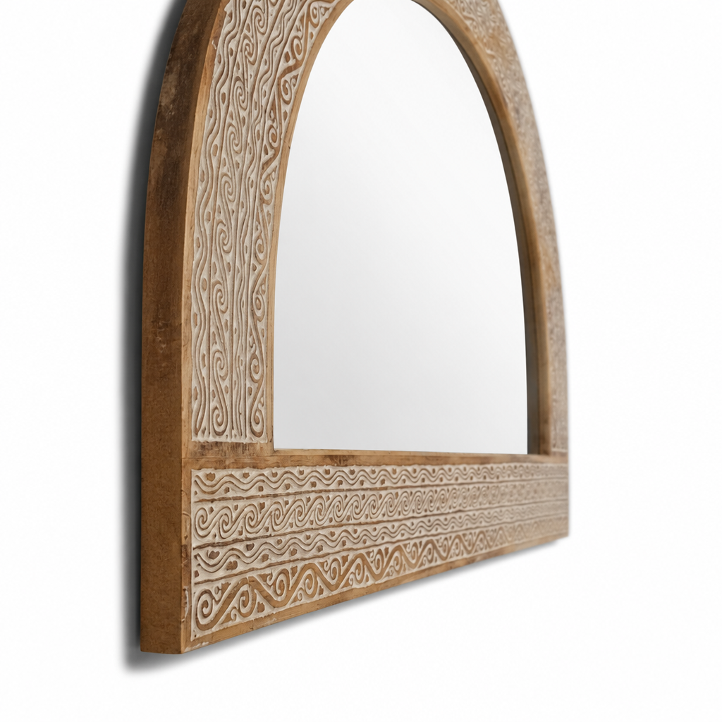 Wooden Carved Mirror Arch "Aruni"  - Natural Wash - 140 x 90 cm